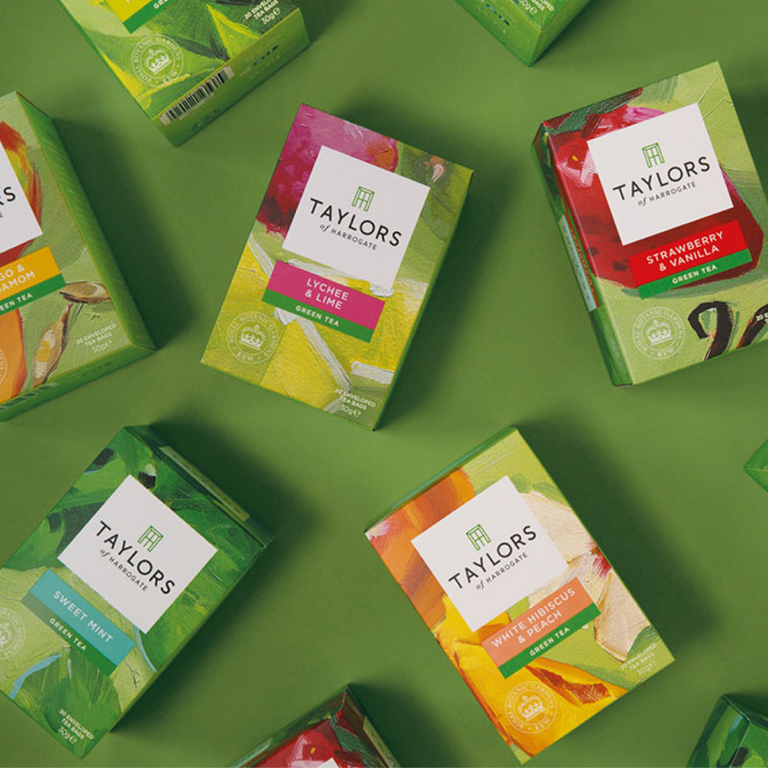 Packages for different flavours of tea from Taylors of Harrogate